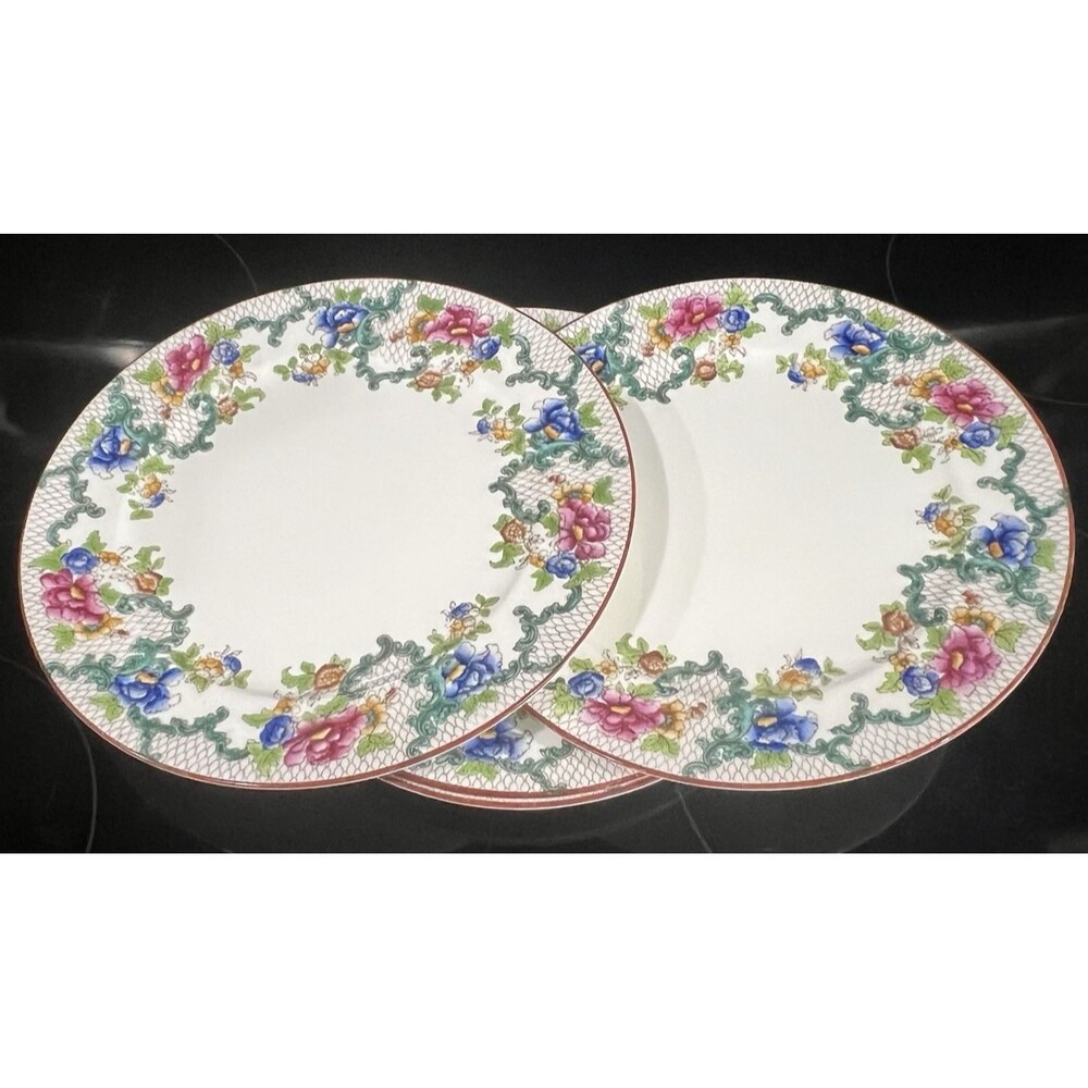 4 Salad Plates Cauldon England Antique Bone China Gold Lattice Floral 8.75"